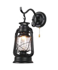 Pull Chain Lantern Wall Sconce With Metal Frame And Transparent Glass Shade, Old School Rustic Vibe, Wall Mount Lamp