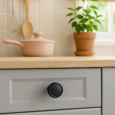 Close-up of a 10 Pack Matte Black Cabinet Knobs 1-1/4 Inch Modern Zinc Alloy Hardware For Kitchen Cabinets on a drawer
