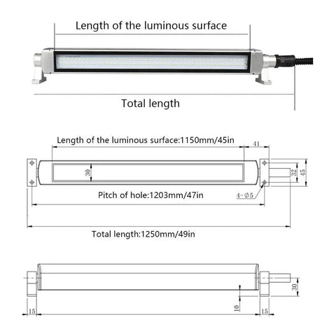 Diagrams of 40W LED Tool Light With Adjustable Bracket For Lathe, Workbench, Sewing Machine, and More showing dimensions.