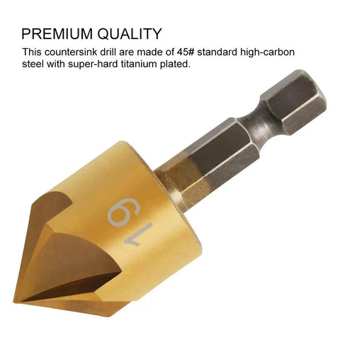 Close-up of titanium-coated bit from 7 Piece Countersink Drill Bit Set With Quick Change Hex Shank For Wood Pro Grade