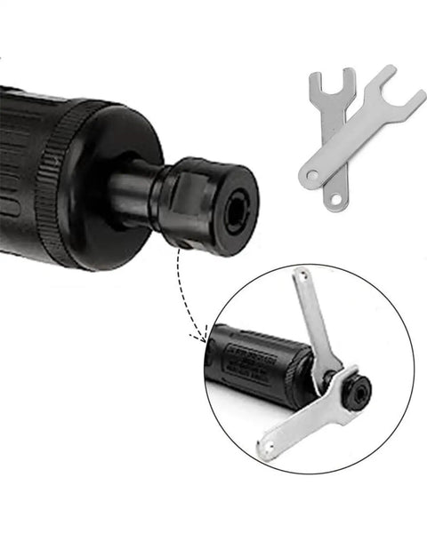 Close-up of No Nonsense Air Die Grinder crushing it at 22000 RPM with 1/4 and 1/8 inch chuck attachments for smooth operation.