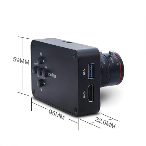 Slick 4K HDMI USB Camera With Crisp 1080P Streaming And Dead Simple Plug And Play Setup side view showing size and lens.