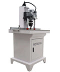 Front view of INTSUPERMAI 110V pneumatic hinge boring insertion machine on white stand, metal drill head.