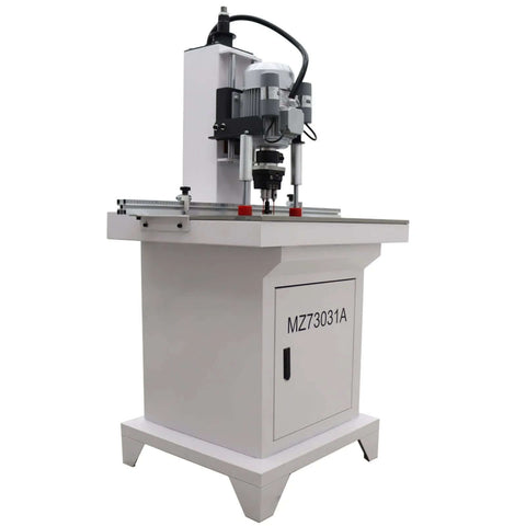 Front view of INTSUPERMAI 110V pneumatic hinge boring insertion machine on white stand, metal drill head.