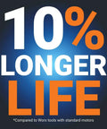 Graphic showing '10% Longer Life' of 20-Volt One-Half Inch Cordless Impact Wrench With Brushless Motor, Model WX272L.