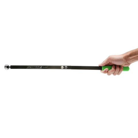 Hand holding Pro Grade Serpentine Belt Tool Set with 3/8 Drive Handle showing long steel bar and green grip