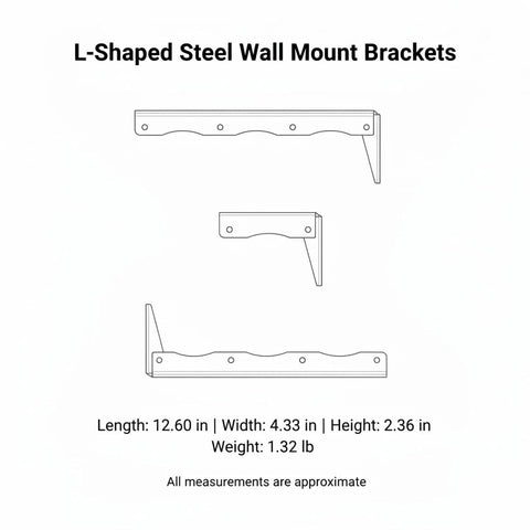Diagram of Hidden Under Shelf L Shaped Steel Bracket For Floating Shelves showing dimensions and weight, black steel support.