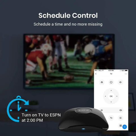 IR and RF Universal Remote Hub With WiFi Code Learning displayed with app control and TV schedule setup