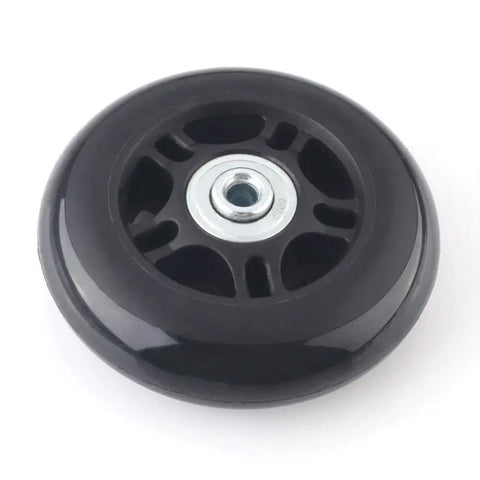 Close-up of black 60mm by 18mm luggage replacement wheel with ABEC 608zz bearing, inline skate set of 2, center bore 6mm, for suitcases and skates.