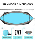 Camping Hammock With Integrated Mosquito Net For Double Or Single Use dimensions and components including tree straps and carabiners.