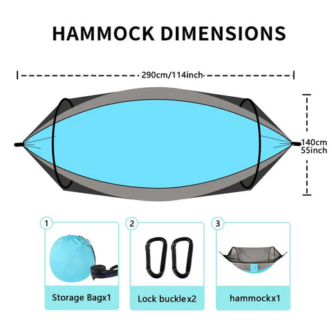 Camping Hammock With Integrated Mosquito Net For Double Or Single Use dimensions and components including tree straps and carabiners.