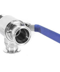 Badass Stainless Steel Sanitary Ball Valve With PTFE Lining And Locking Handle For Heavy Duty Fluid Control and Rock Solid Leak Proof Shutoff, shown with blue handle