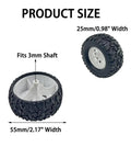 Four Pack 55mm Toy Car Wheel Set with 3mm Shaft Axles for RC cars, durable rubber tires, plastic cores, 55mm diameter, 25mm width