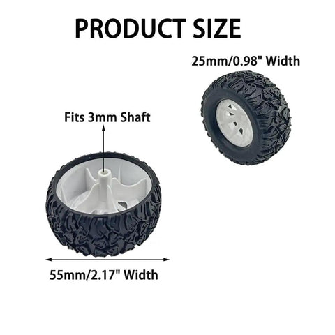 Four Pack 55mm Toy Car Wheel Set with 3mm Shaft Axles for RC cars, durable rubber tires, plastic cores, 55mm diameter, 25mm width