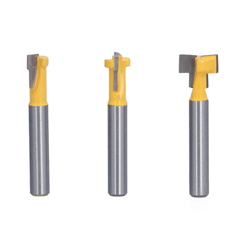 Pro Keyhole Router Bits Set 3 Pcs 1/4 Inch Shank T Slot Milling Cutters in carbon steel for woodworking with yellow handles.