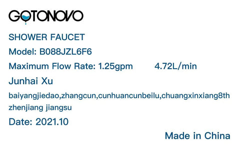 Label of a Polished Chrome Clawfoot Tub Faucet With Wall Mount and Handheld Shower, model B08BJZL6F6, showing manufacturing details.