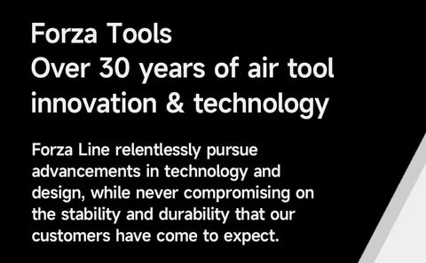 Forza Tools advertisement highlighting over 30 years in air tool innovation and technology advancements.