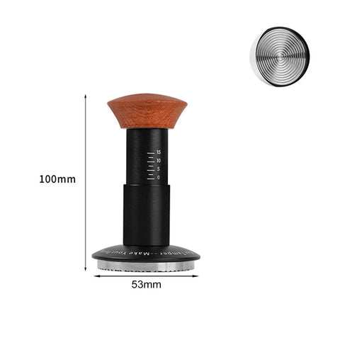 Heavy Hitter Spring Loaded Coffee Tamper With Precision Distribution Leveler And Clear Pressure Scale For Flawless Espresso Pucks, 100mm tall, 53mm base, stainless and hardwood.