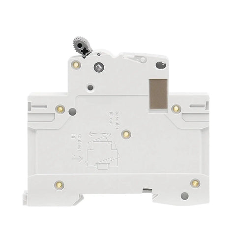Pro Grade 2 Pole MCB DIN Rail Circuit Breaker With Heavy Duty 40 Amp C Curve Trip back view, textured surface, wiring ports.