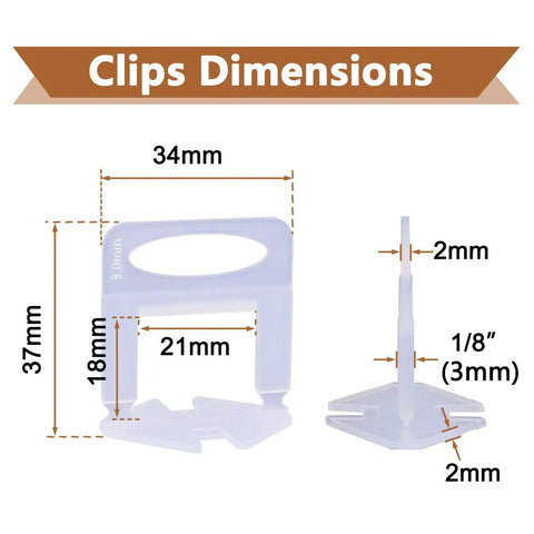 Dimensions of Pro Grade Tile Leveling Clips from 1400 Pcs Kit, suitable for ceramic and stone tile installations with grout gap.