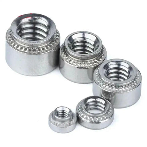 M3 Self Clinching Nuts One Hundred Pack Press In Crimped Hardware Serrated Grip, assorted sizes, sturdy metal construction.