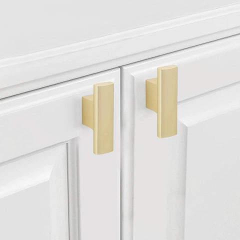 10 Pack Brushed Gold Cabinet Knobs For Kitchen Cabinets And Drawers Solid Metal Drawer Pulls installed on white cabinets