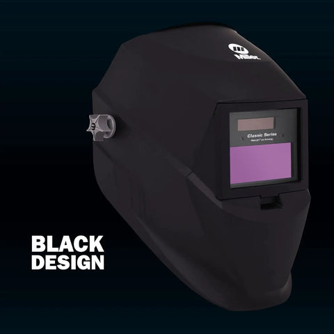 Auto Darkening Welding Helmet With ClearLight Optics For HD View And Realistic Detail Beefy Comfort Pro Grade TIG And MIG Shield Variable Shade Eight To Thirteen Full Face Protection For Serious Welders, black design shown from side angle