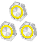 3 Pack 19mm Momentary Push Button Switch With LED Light Waterproof Metal Panel Mount Button For 12V And 24V Cars Boats Marine And Industrial Control Panels Pre Wired Short Travel Yellow, front view