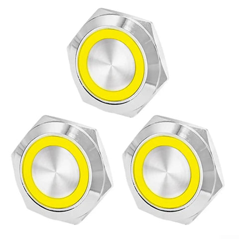 3 Pack 19mm Momentary Push Button Switch With LED Light Waterproof Metal Panel Mount Button For 12V And 24V Cars Boats Marine And Industrial Control Panels Pre Wired Short Travel Yellow, front view