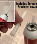 Close-up of Industrial RTV Silicone Gasket Maker Sealant With Auto Dispensing Nozzle being attached to the red bottle.