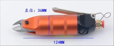 Snazzy Pneumatic Air Scissors With S4 Blades That Make Heavy Metal Cutting A Breeze For Pros Who Need Snappy Precision And Zero Hassle With Those Killer Clamps showcasing orange metal design with clamp and dimensions.