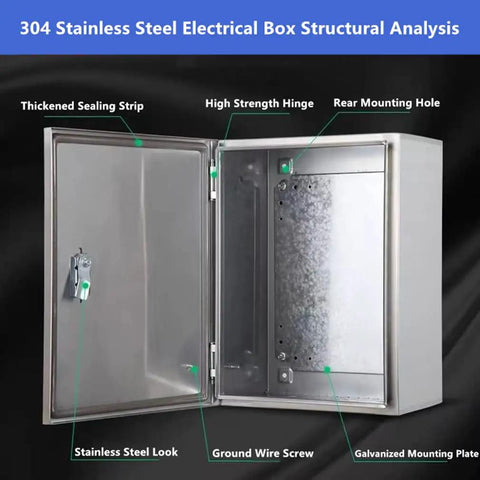 Weatherproof 304 Stainless Steel Electrical Enclosure Box 20 by 16 by 8 Inches with open door showing interior details