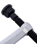 Close-up of the spindle and screw mechanism of the Heavy Duty 12 Inch F Clamp With Drop Forged Arm And Black Oxide Spindle For Woodworking Welding Metalworking DIY Projects With Quick Twist Pads That Hold Strong.