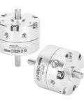 Front and angled side views of two 20mm stainless steel mini rotary vane pneumatic actuators with shafts