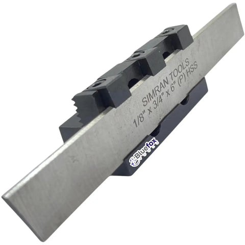 Lathe Adjustable Pro Grade Parting Tool Holder With 10mm Shank And Three Quarter Inch HSS Blade, side angle view