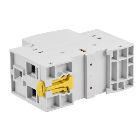 Heavy Duty 63A 2 Pole Modular AC Contactor With 230V AC DC Universal Coil And 2NO Normally Open Contacts side view in white housing.