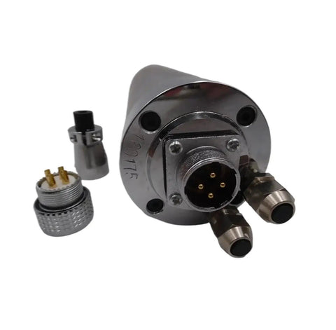 Top Tier Water Cooled Spindle Motor With Er11 Chuck 60000 Rpm 1200W 220 Volt Router Core close-up with connectors and fittings.