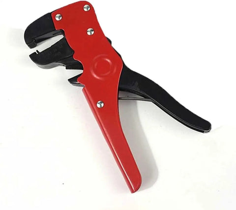Heavy Duty Wire Stripping Pliers With Built-In Cutter in red and black, high carbon steel, designed for insulation removal and wire cutting.