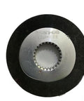 Round brake pad for electromagnetic brake with black outer ring and silver splined bore