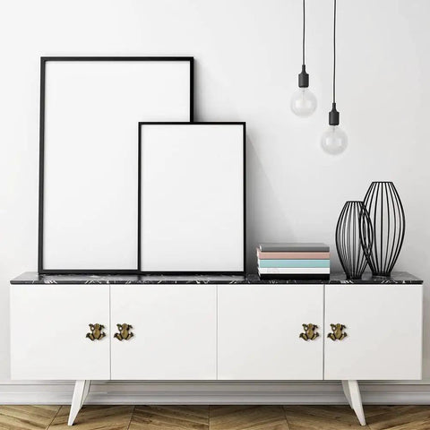 Modern living room with six piece frog shaped cabinet handles crafted from solid zinc alloy on white drawers