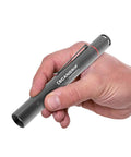 Rechargeable Penlight With 2 Color Light For Color Matching And Scratch Detection In The Shop, human hand holding penlight