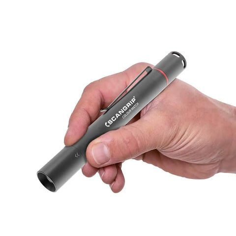 Rechargeable Penlight With 2 Color Light For Color Matching And Scratch Detection In The Shop, human hand holding penlight