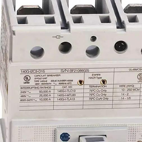 Factory Fresh 3 Pole Mccb Circuit Breaker 150a I Frame With 25ka Thermal Magnetic Trip Unit At 480v, detailed view of breaker specifications.