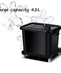 Heavy Duty Oscillating Misting Fan Delivers Smooth Cool Breezes While Quieting The Room Three Speed Adjustments And Wide Swinging Head Make This Floor Standing Cooler Sweet For Warehouses Gyms And Home Spaces Ready To Kick Up Fresh Air All Day Long. Black plastic 42L storage bin with wheels.