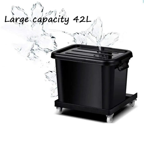 Heavy Duty Oscillating Misting Fan Delivers Smooth Cool Breezes While Quieting The Room Three Speed Adjustments And Wide Swinging Head Make This Floor Standing Cooler Sweet For Warehouses Gyms And Home Spaces Ready To Kick Up Fresh Air All Day Long. Black plastic 42L storage bin with wheels.