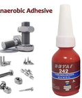 1Pc 10G Thread Lock Glue For Screws, Oil Resistant Anaerobic Adhesive, Medium Strength Threadlocker For Metal Fasteners bottle next to metal fasteners
