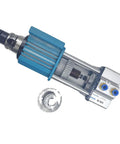 Rock Solid BT30 Pneumatic Semi Automatic Tool Changing Spindle For Heavy Duty CNC Mills Plus Engravers With Hella Fast Swap Capability And Zero Hassle Operation close-up view of spindle with blue body.