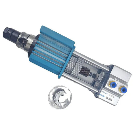 Rock Solid BT30 Pneumatic Semi Automatic Tool Changing Spindle For Heavy Duty CNC Mills Plus Engravers With Hella Fast Swap Capability And Zero Hassle Operation close-up view of spindle with blue body.