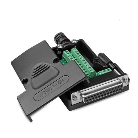 Two Pack DB25 Solderless Connector Kit For RS232 D Sub Serial To 25 Pin Breakout Gear with black case open view