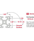 Top Shelf Heavy Duty T Slot Aluminum Extrusion And Precision Linear Motion Rail For Badass Diy Projects And Custom Workshop Frames 48 Inches Long With Smooth Clear Anodized Finish dimensions diagram showing 1.50 inches width and smooth surface.